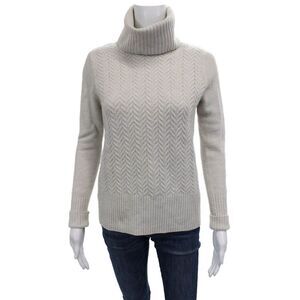 White Label Women Beige Merino Wool Herringbone Turtleneck Sweater Size 4